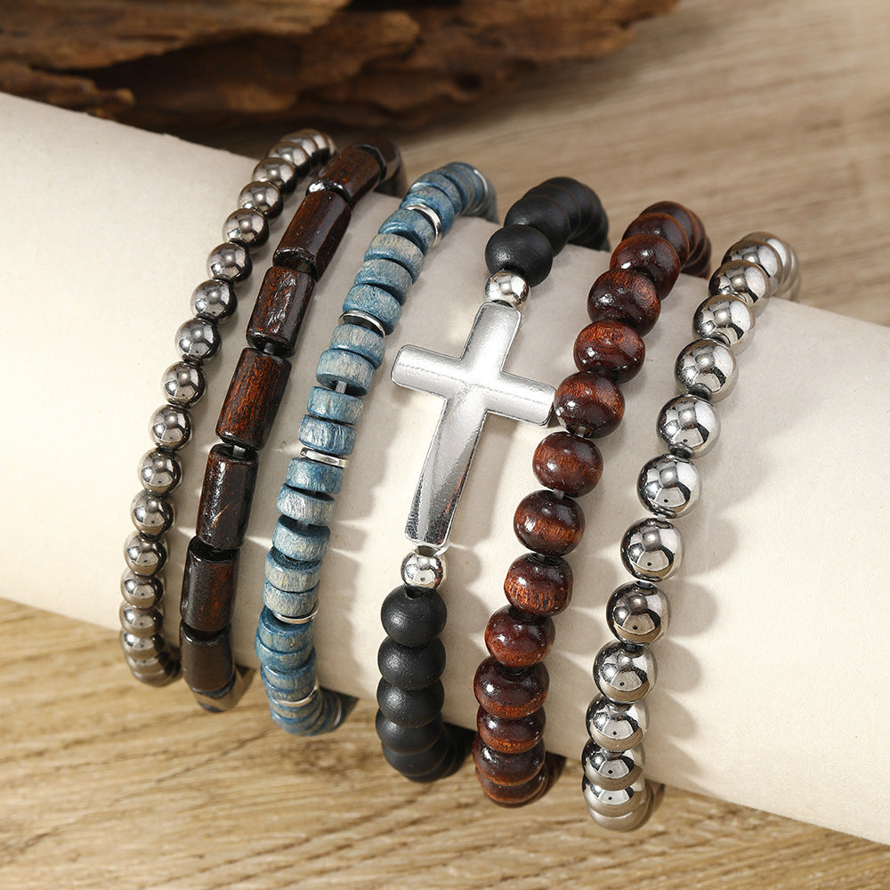 Wholesale 3PCS Vintage-style multi-layered wooden bead cross bracelet
