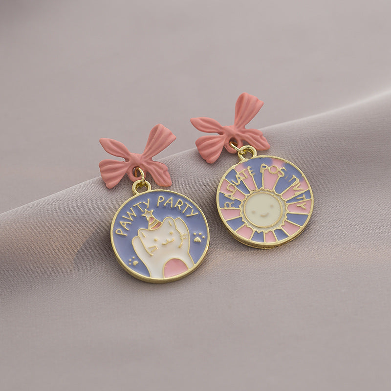 Wholesale Electroplated Alloy Pink Bow Cat Earrings Sweet Fashion Accessory for Girls Gift