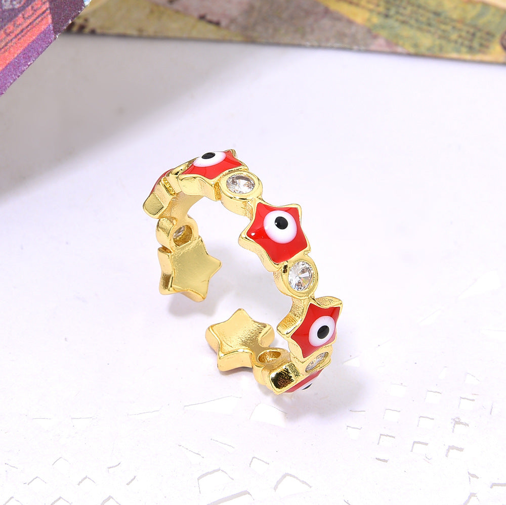 Wholesale Colorful Oil Drop Demon Eye Zircon Star Adjustable Ring