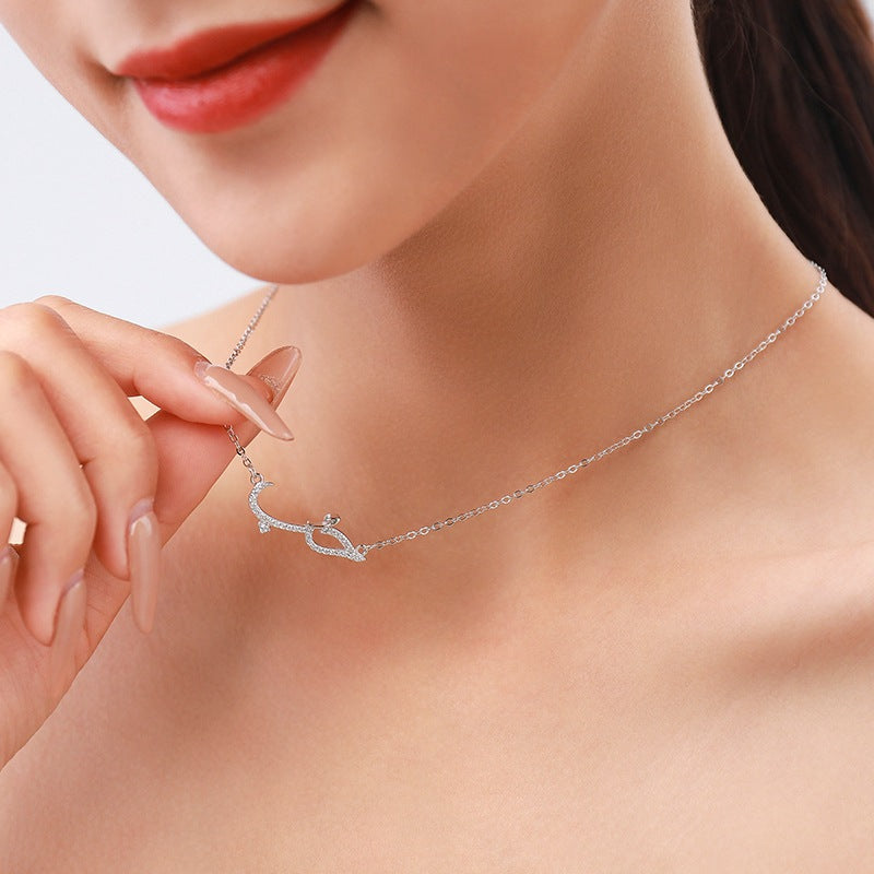 Wholesale s925 Sterling Silver Necklace  Simple Line Crocodile Full Diamond Pendant Clavicle Chain