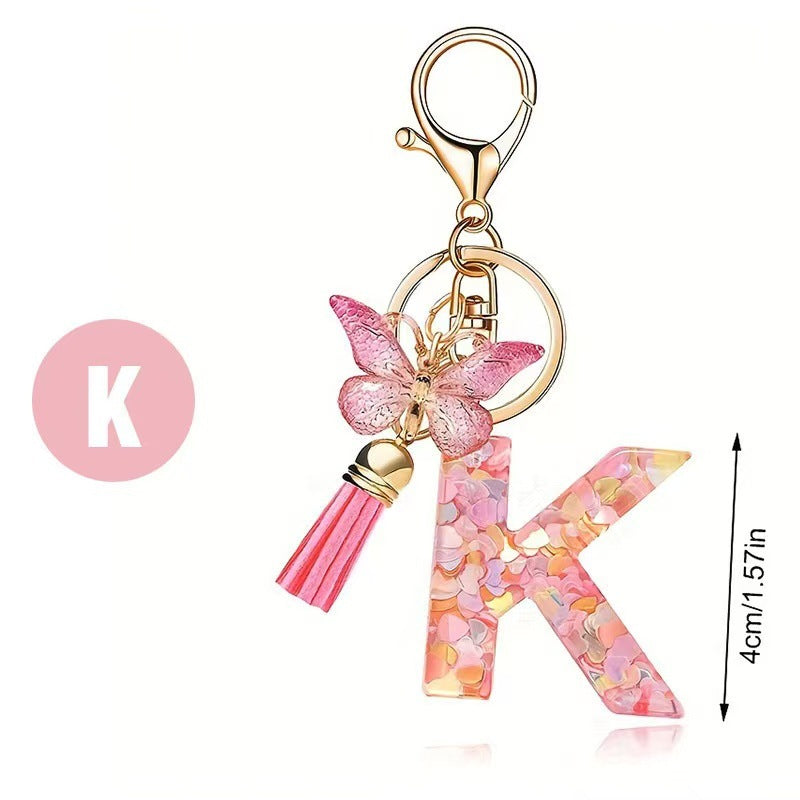Wholesale Trendy Cute 26 Piece Alphabet Initial Keychain Set With Tassel Butterfly Pendant Bag Charm Gift