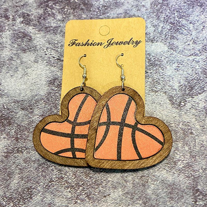 Wholesale Wooden Heart Shaped Sports Ball Earrings Fashion Jewelry Accessory For Casual Wear