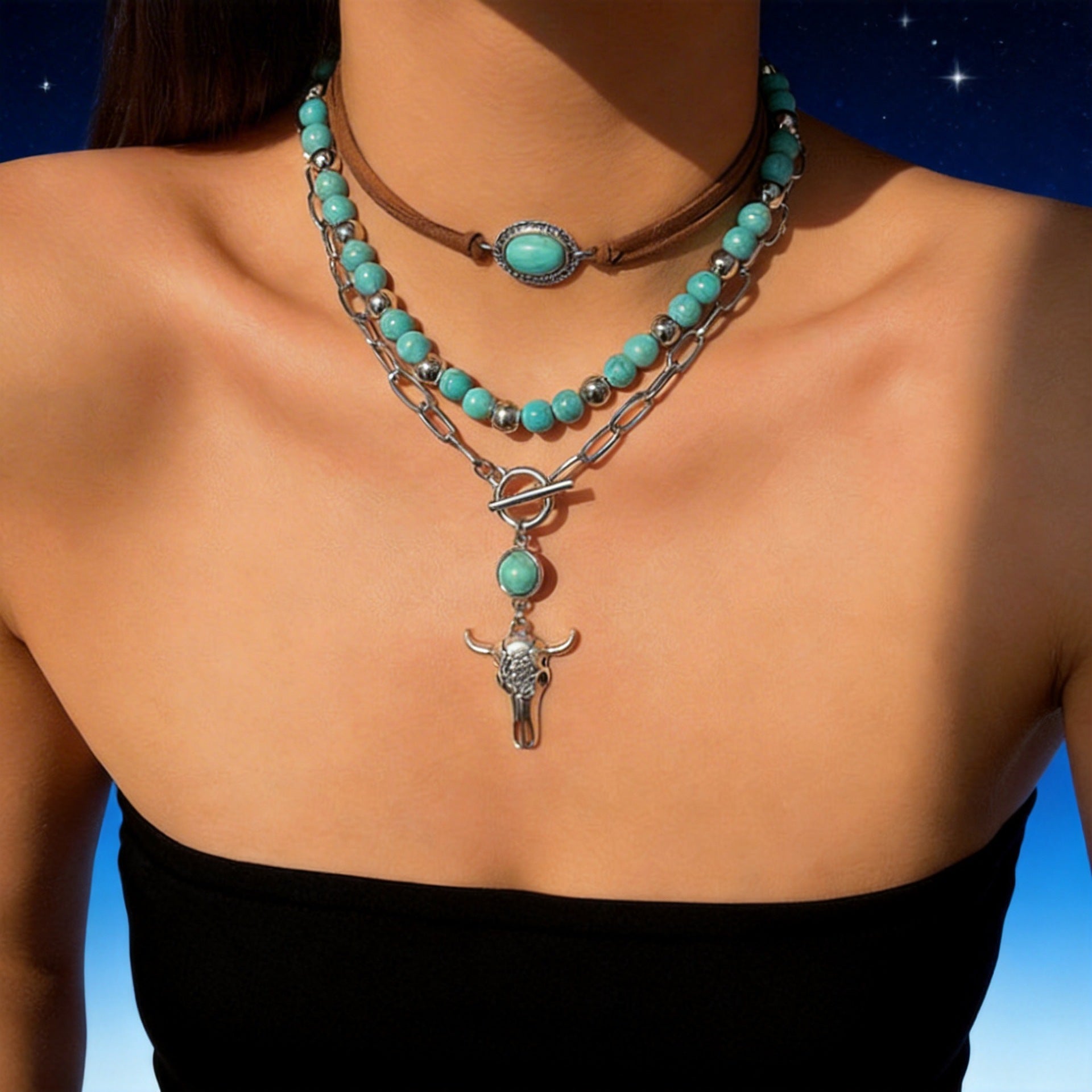 Wholesale Metal Bull Head Pendant Necklace Set with Natural Stone Accents,  Layered Chain,  Fashion Accessory for Women