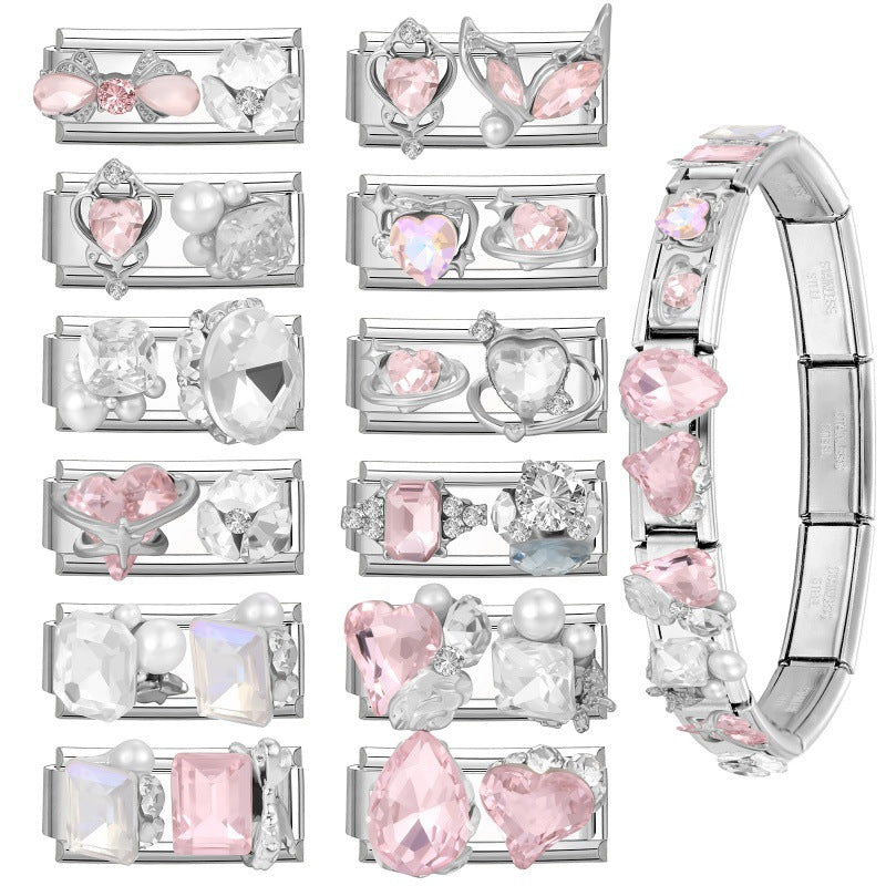 Wholesale Stainless Steel DIY Modular Pink Heart Pearl Crystal Bracelet - Chic Fashion Jewelry Accessory for Boutique Resale