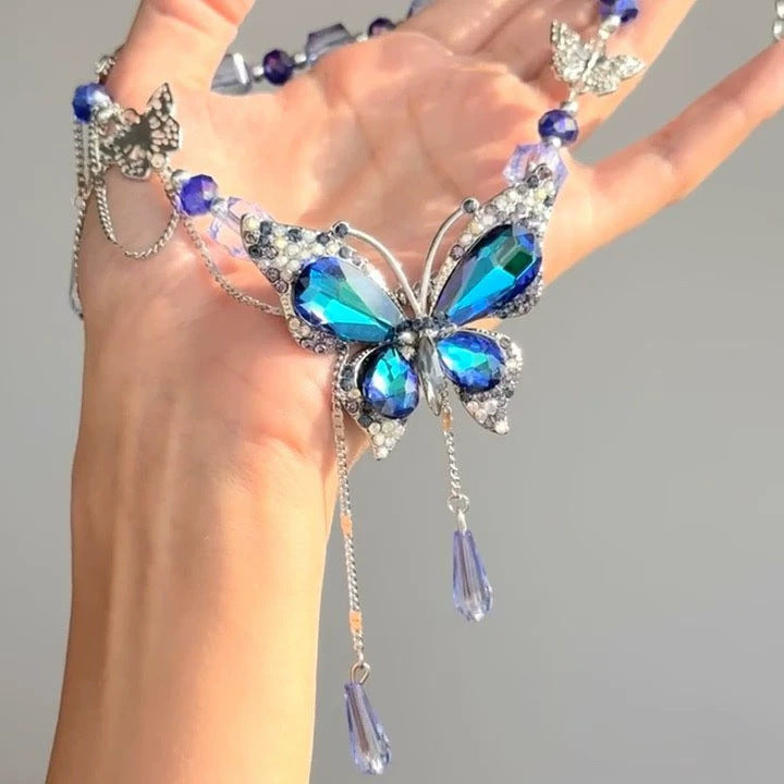 Wholesale Blue Diamond Butterfly Water Drops Tassel Necklace