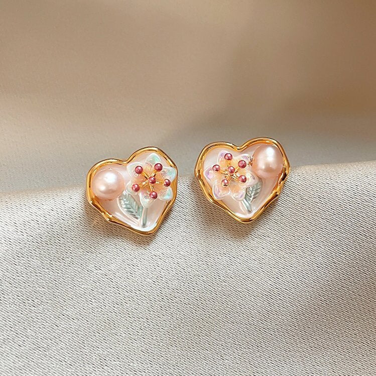 Wholesale Alloy Enamel Double Layer Flower Earrings French Palace Retro Pearl Design Fashion Accessory