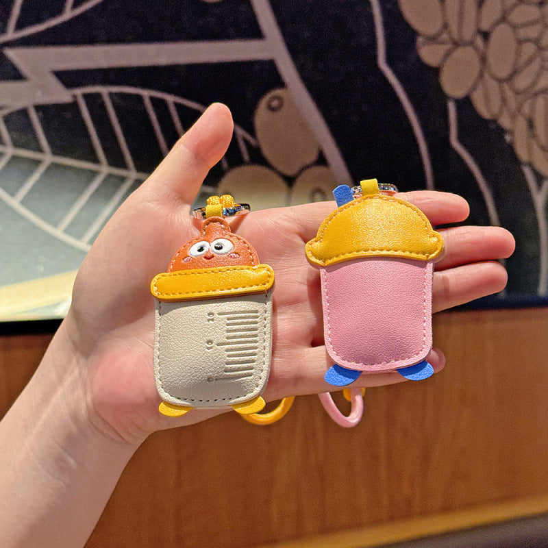 Wholesale Cute Milk Bottle Leather Keychain Cartoon Bag Charm Pendant For Car Keys Couple Gift