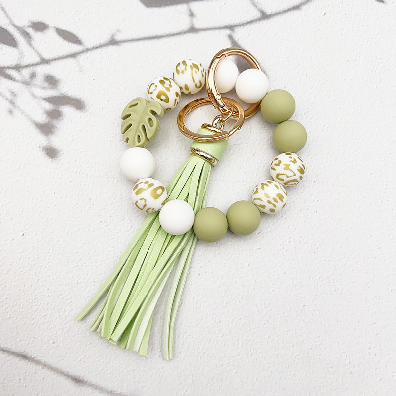 Wholesale Leaf Silicone Printed Silicone Beaded Tassel Keychain ACC-KC-JiuYa019