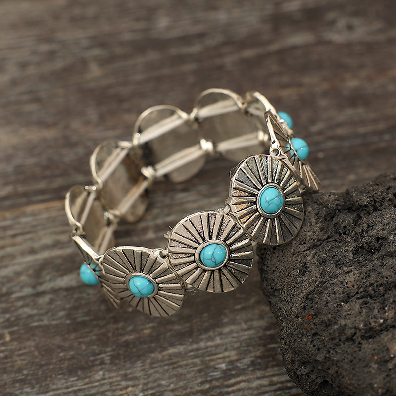 Wholesale Retro Turquoise Western Style Stretch Bracelet Silver Tone Alloy Jewelry Boutique Resale Gift