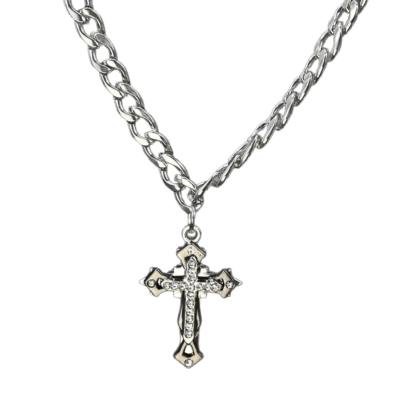Wholesale Stainless Steel Cuban Chain Necklace Three Layer Rhinestone Cross Pendant Chic Hip Hop Fashion Accessory For Gift