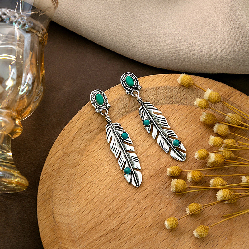 Wholesale Vintage Feather Turquoise Earrings Boho Drop Round Earrings Pearl Earrings Bohemian ACC-ES-MDD012