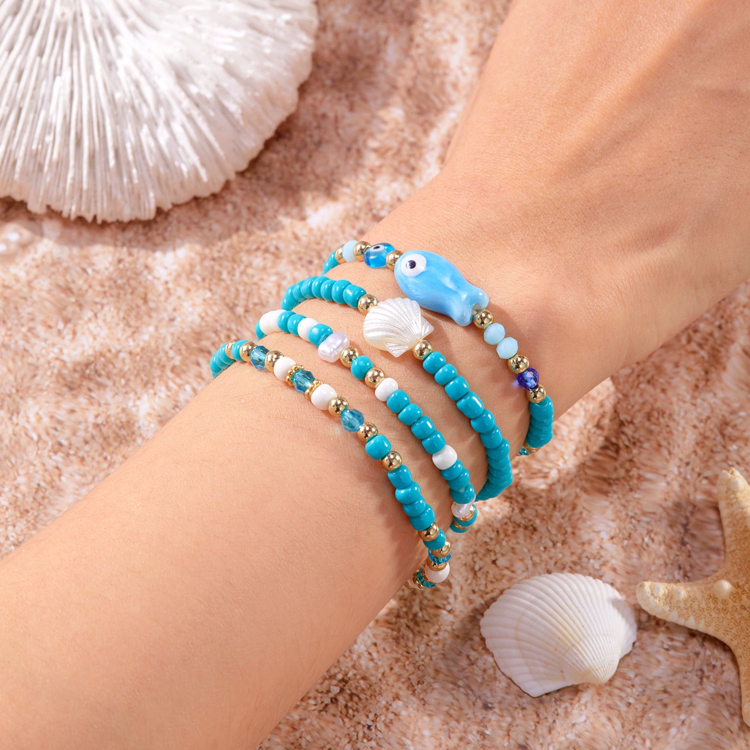 Wholesale  Bohemian Beach Vacation Summer Ceramic Fish Shell Rice Beads Bracelet