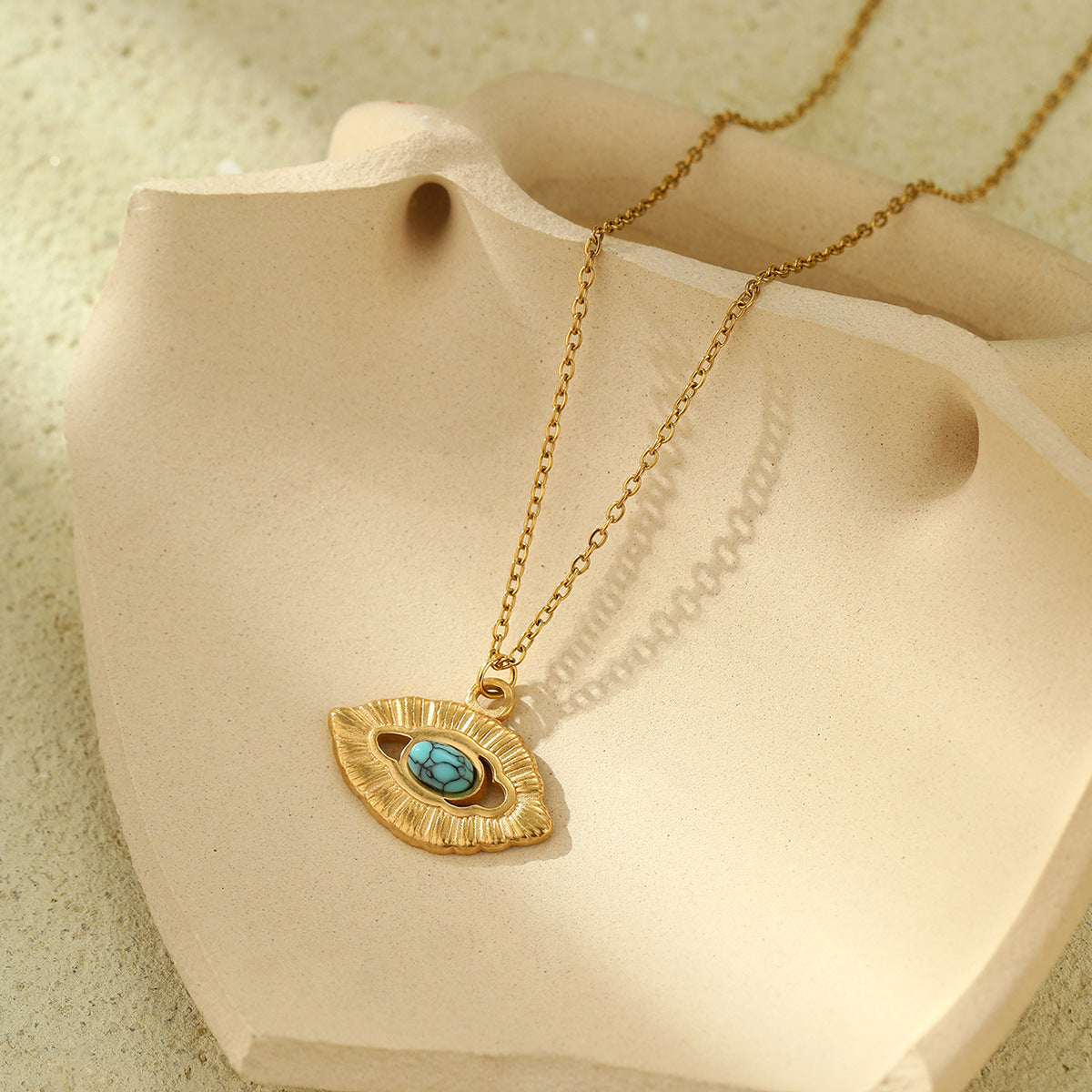 Wholesale  Devil's Eye Sun Moon Disc Natural Stone Pendant 18K True Gold Stainless Steel Necklaces