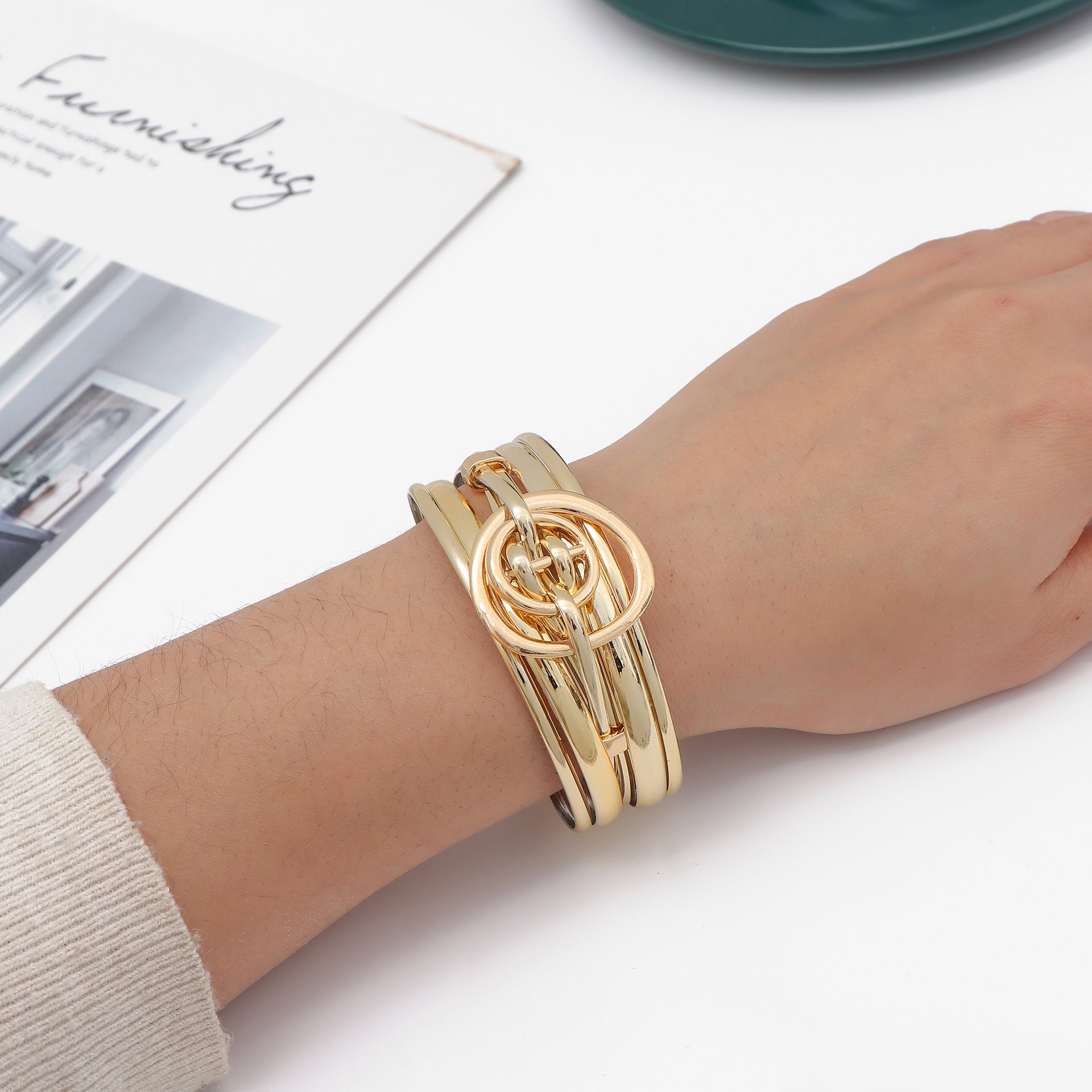 Wholesale Modern Minimalist Gold Zinc Alloy Women S Bracelet Oval Hollow Multi Layer Style Chic Jewelry Accessory For Everyday Wear And Boutique Resale