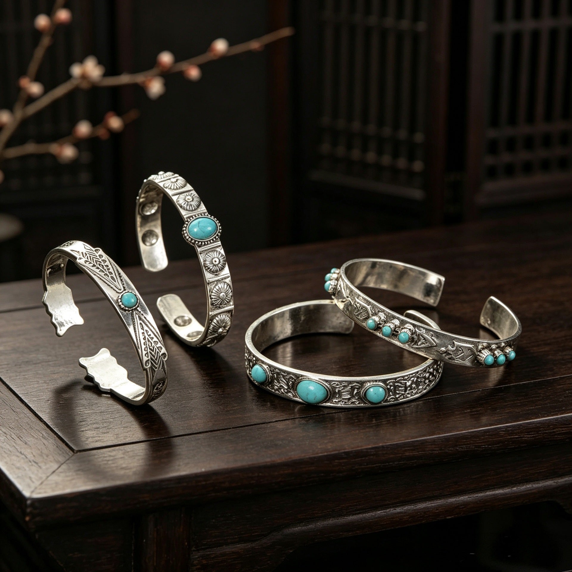 Wholesale Bohemian Vintage Open Adjustable Bracelet Set 4Pcs Alloy Turquoise Jewelry Gift Fashion Accessory