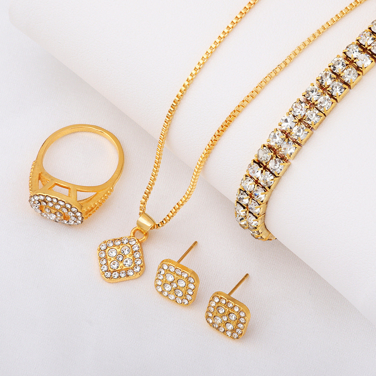 Wholesale light luxury diamond geometric necklace ring earring 4-piece set  jewelry set