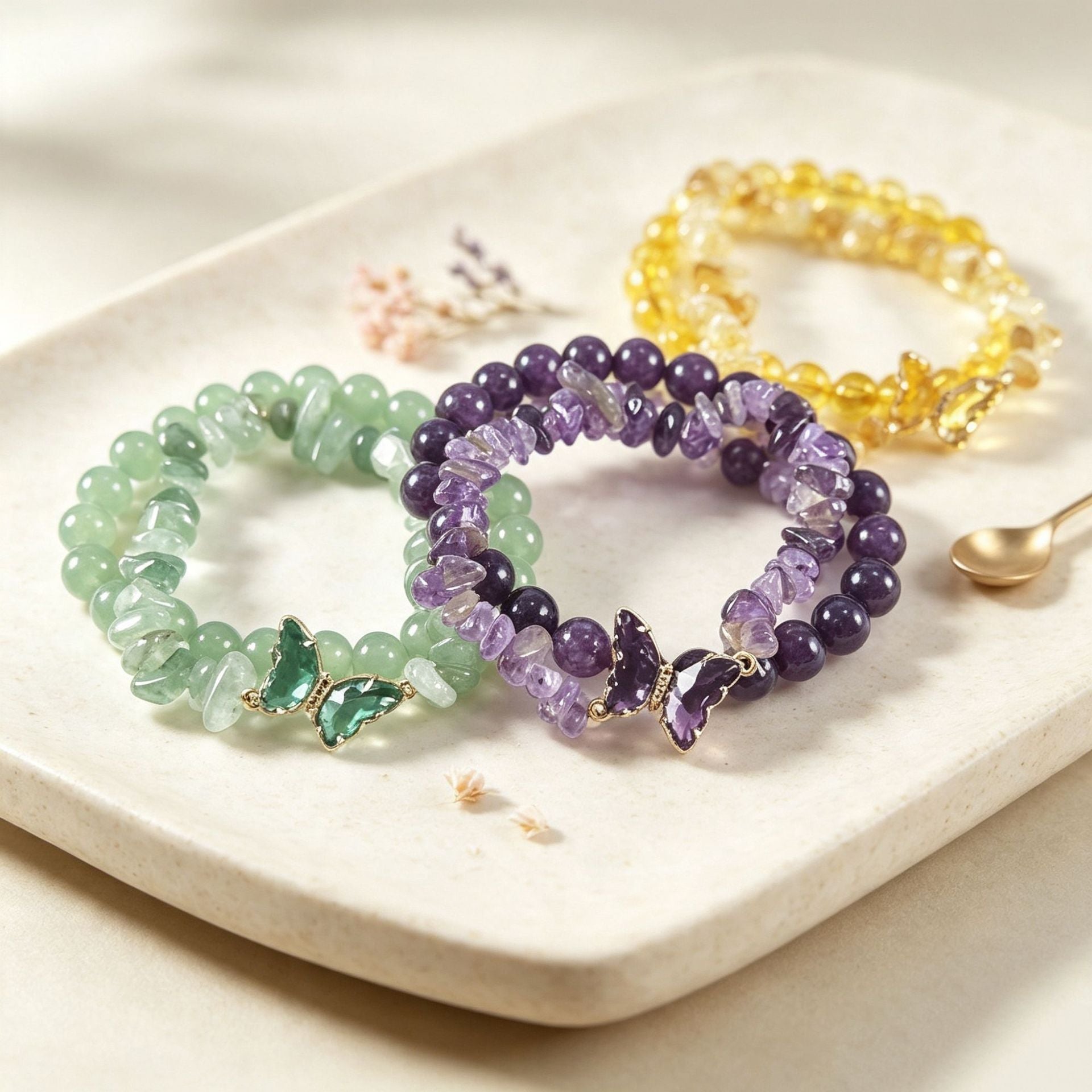 Wholesale Natural Stone Butterfly Round Bead Bracelet Stacking Crystal Jewelry Accessory