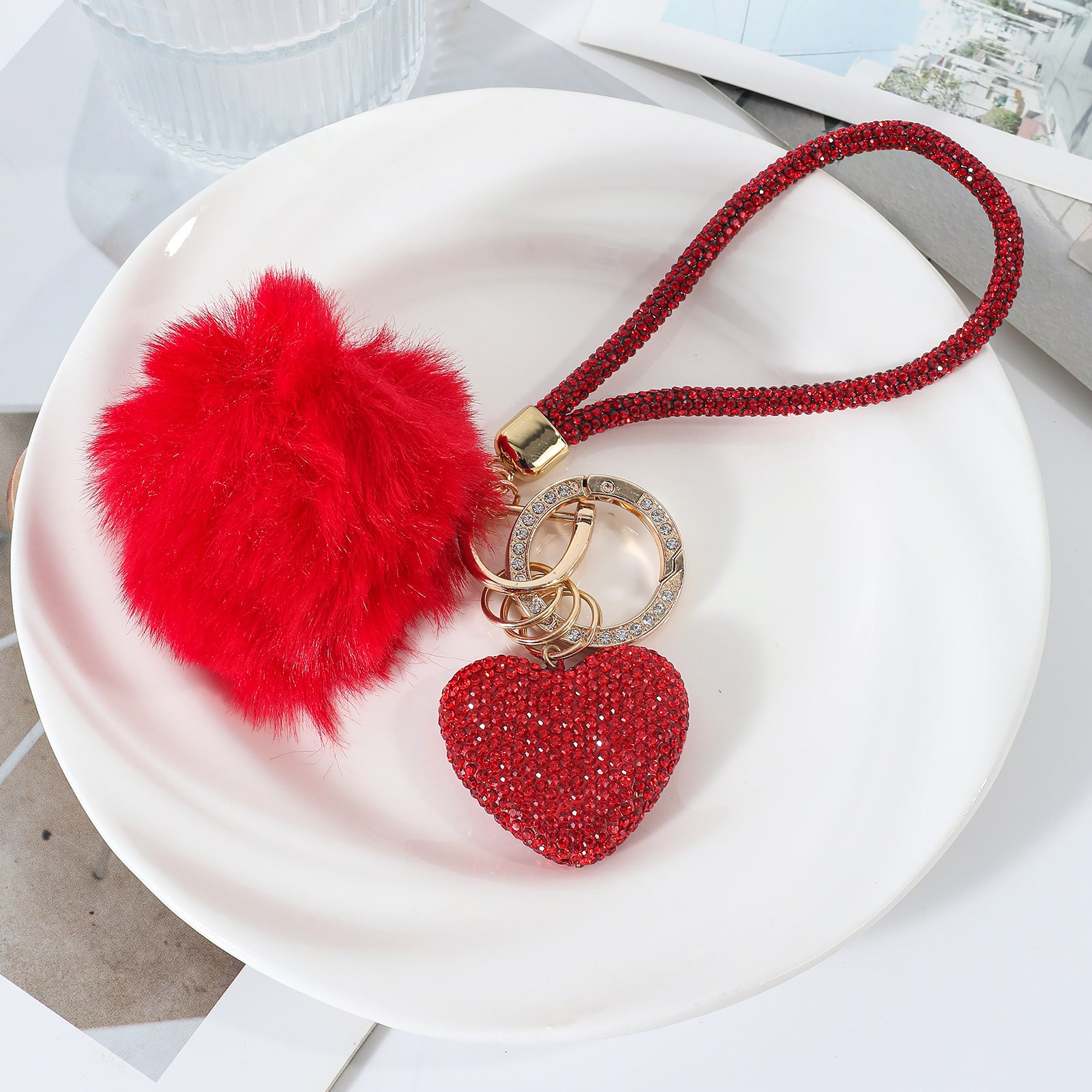 Wholesale Pom Pom Heart-shaped   rhinestone-encrusted keychain