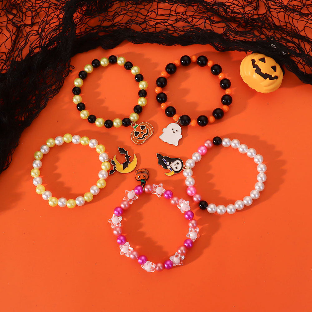 Wholesale 5pcs Oil Pearl Ghost Black Cat Witch Bracelet