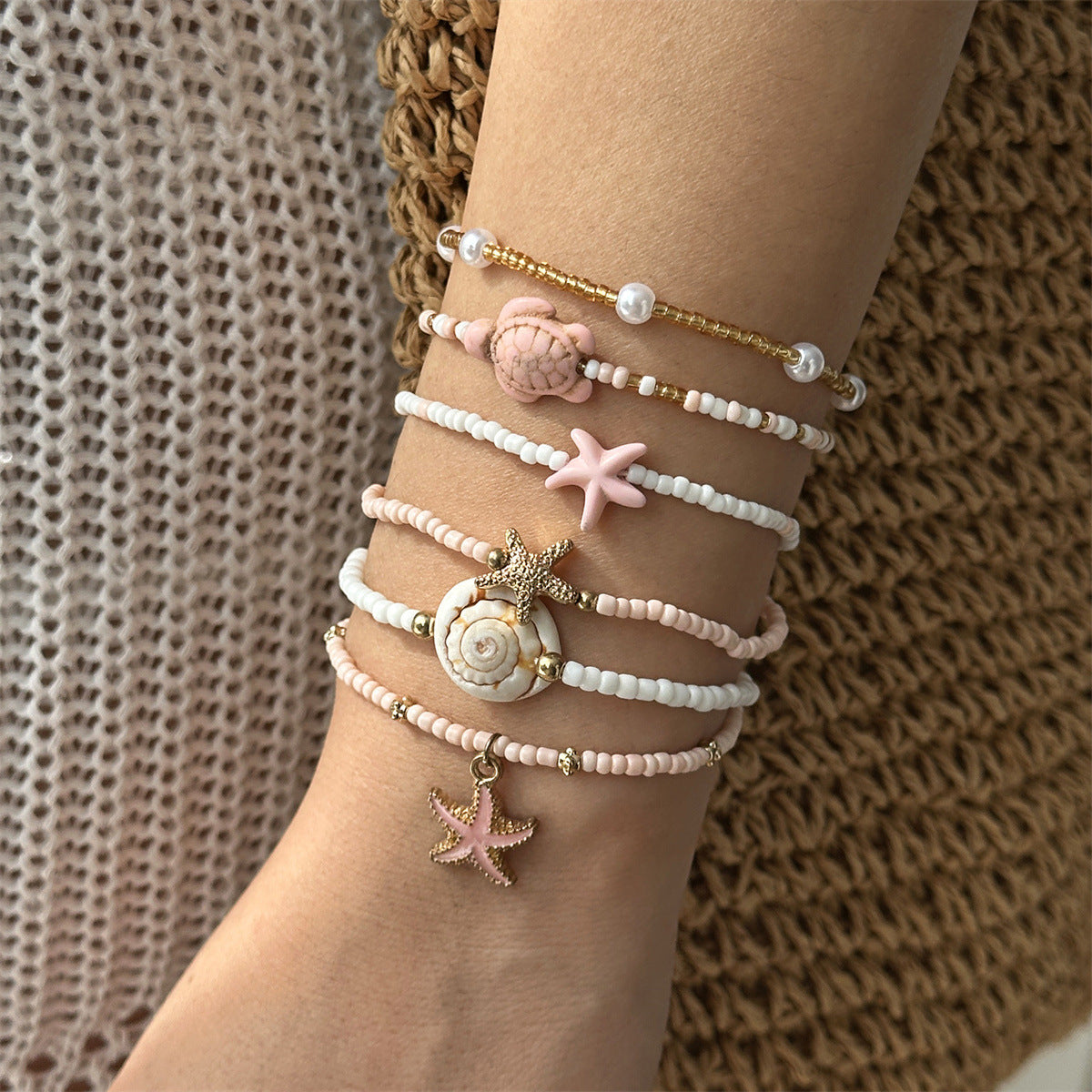 Wholesale Bohemian Beach Bracelet Set For Women Summer Vacation Starfish Shell Turtle Glass Seed Beads Handmade Fashion Accessory