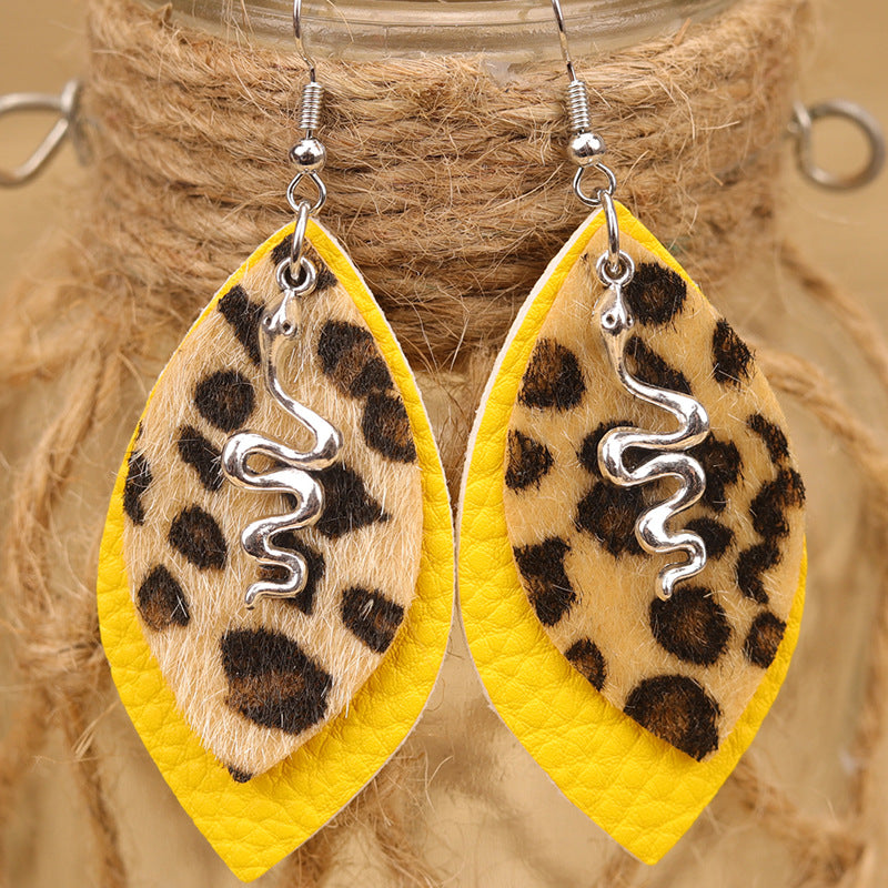 Wholesale Creative Leopard Print Retro Multi-Layered Water Drop Shape Snake Ladies Leather Earrings
