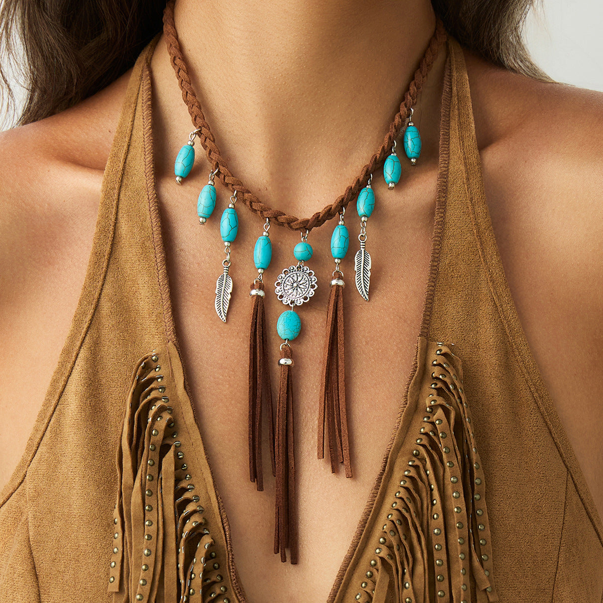 Wholesale Bohemian Ethnic Turquoise Pendant Tassel Necklace Layering Jewelry Boutique Resale