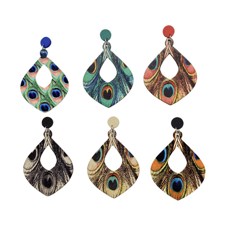 Wholesale Boho Retro Ethnic Style Peacock Feather Wooden Earrings ACC-ES-FX013
