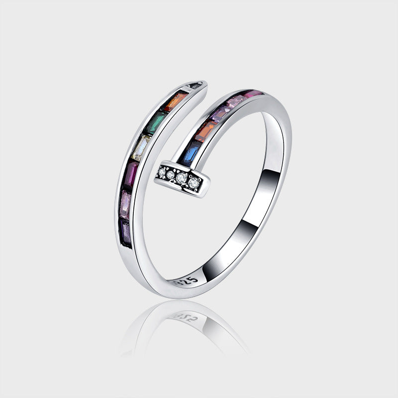 Wholesale s925 Sterling Silver Rainbow Drill Nail Ring