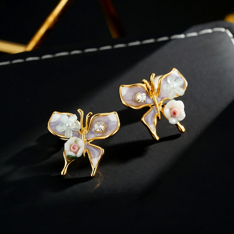Wholesale Vintage Light Luxury Oil Painting Butterfly Flower  Earrings