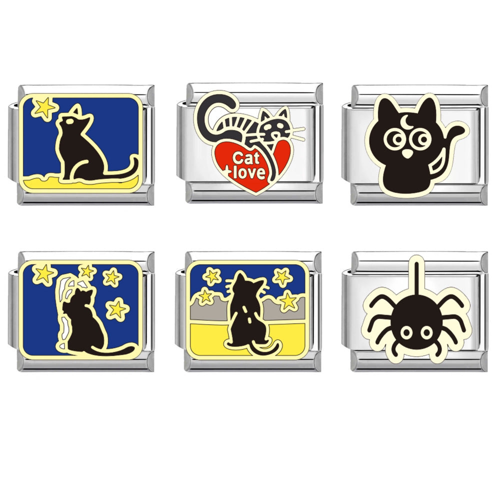Wholesale Titanium Steel DIY Italian Charm Bracelet With Black Cat Pattern Trendy Jewelry Accessory