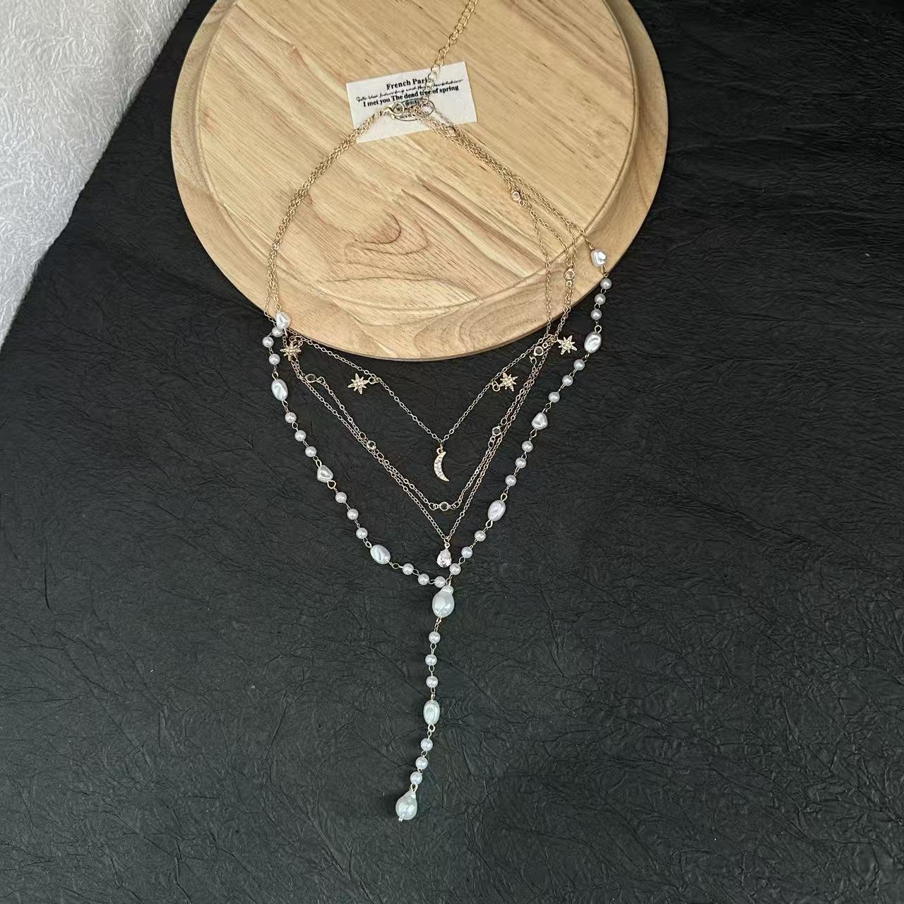 Wholesale Alloy Electroplated Star Moon Pearl Tassel Pendant Necklace Chic Layering Collarbone Jewelry For Women Fashion Accessory Boutique Resale