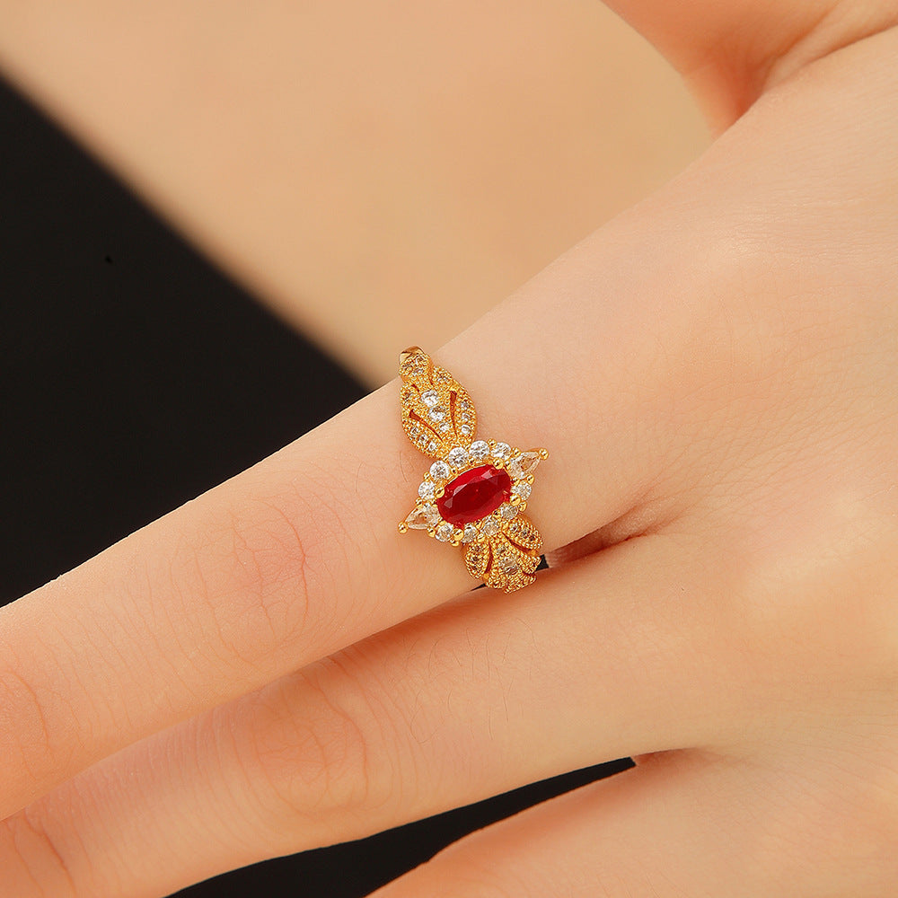 Wholesale Trendy French Royal Style Adjustable Copper Zircon Ring Golden Ruby Electroplated Finish Boutique Jewelry Gift