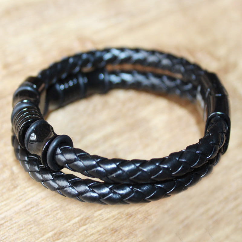 Wholesale Black Leather Cord Men's Double Layer Leather Braided Bracelets Stainless Steel Bracelets ACC-BT-Yima017