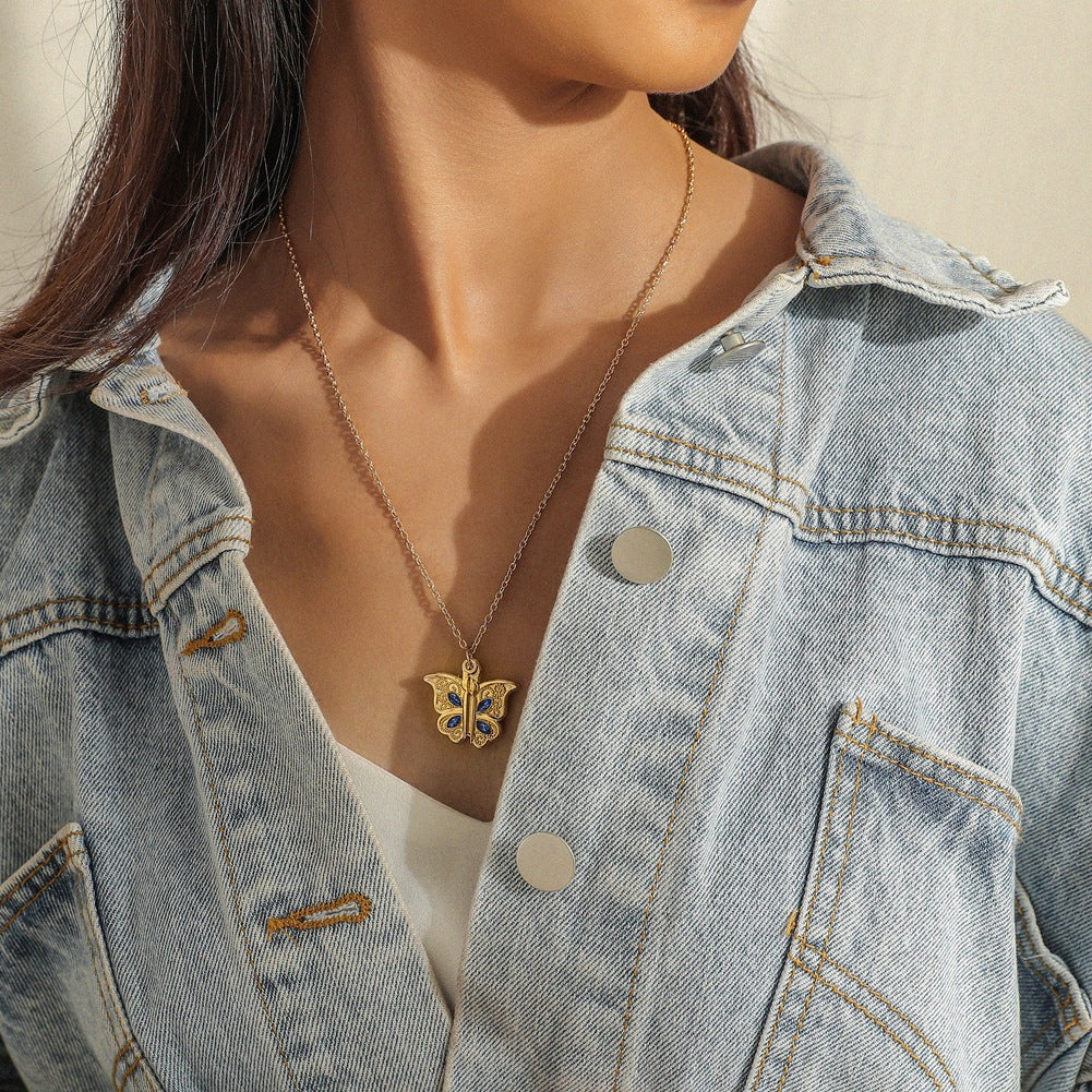 Wholesale Openable Diamond Butterfly Heart Pendant Necklaces ACC-NE-Hanyu001