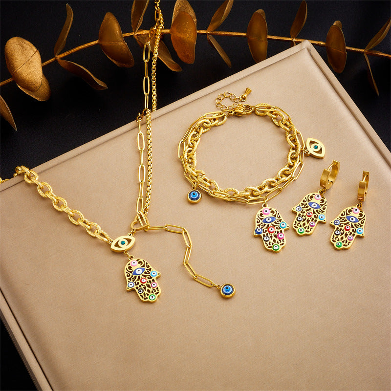 Wholesale Bohemian Palm Eyes Oil Drop Titanium Steel Necklace Bracelet Earrings Set ACC-NE-XinL004