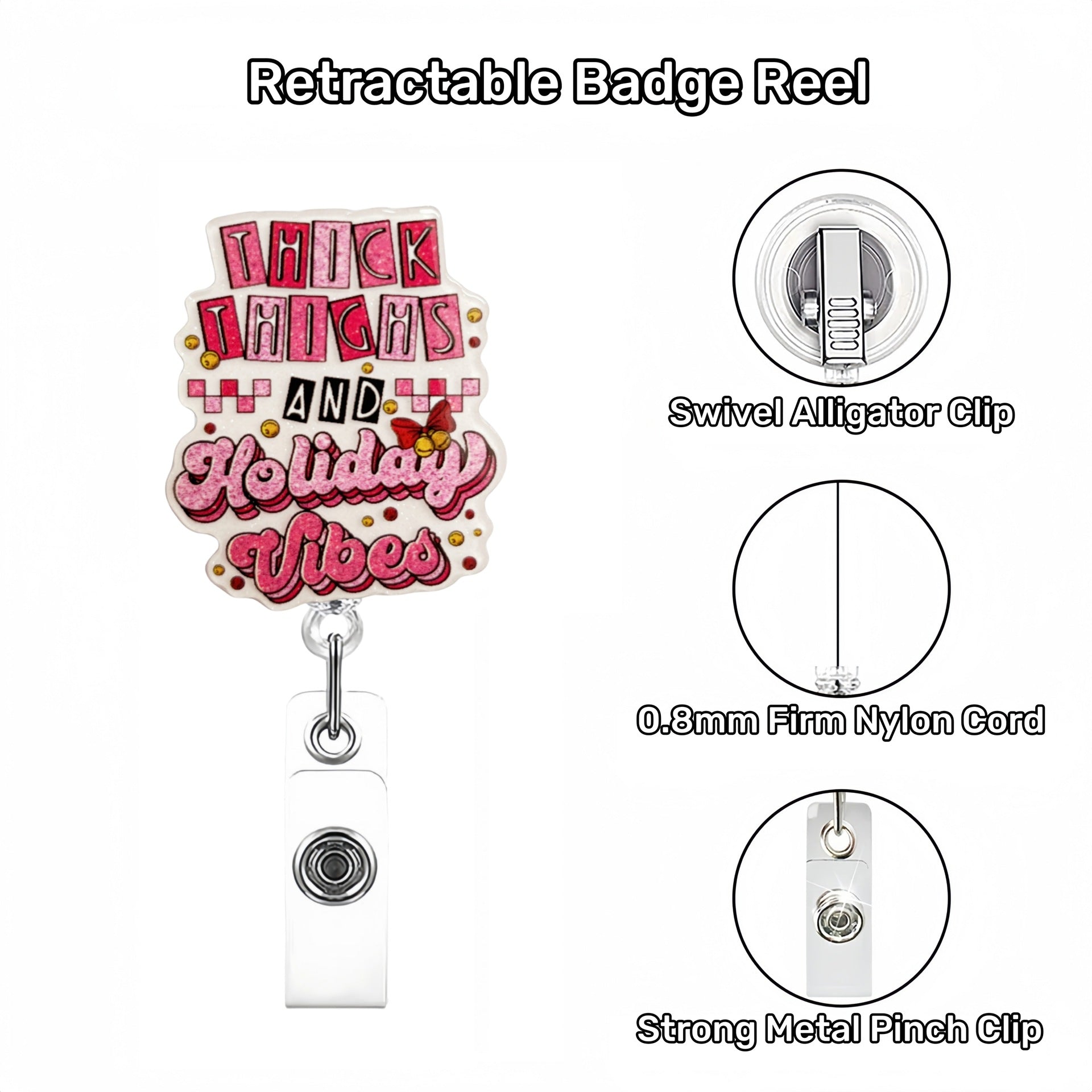 Wholesale Acrylic Pink Christmas Retractable Rotating Badge Keychain