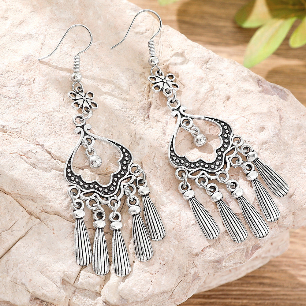 Wholesale Bohemian Retro Circular Antique Silver Tassel Earrings Tibetan Style Ethnic Zinc Alloy Jewelry Accessory Gift