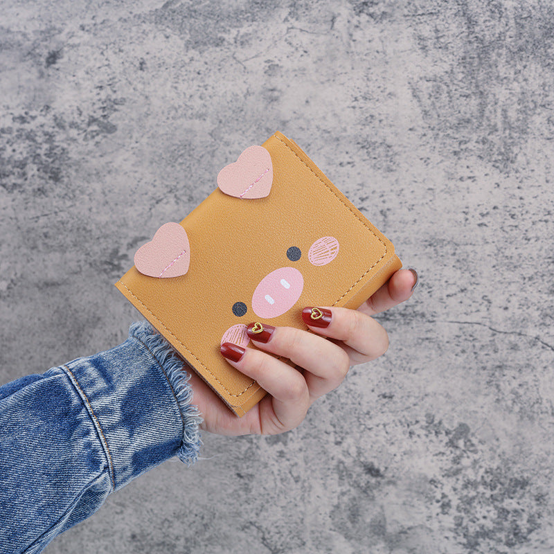 Wholesale PU Leather Cartoon Pig Print Tri Fold Wallet For Women Students Casual Daily Use