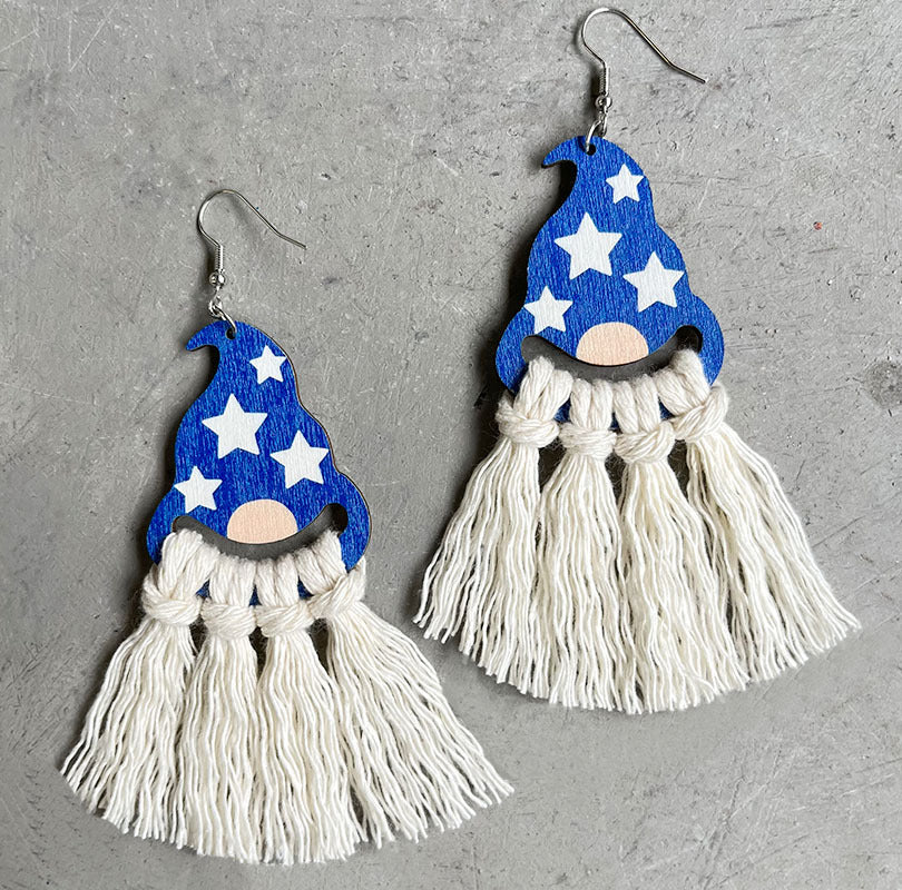 Wholesale 2 Pairs/pack American Independence Day Wooden Flag Hat Hand Woven Tassel Earrings ACC-ES-HY056