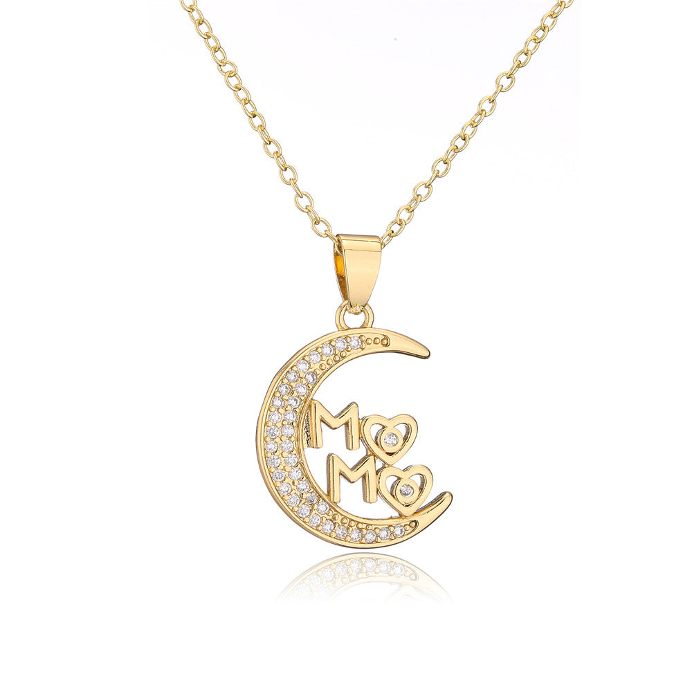 Wholesale Mother's Day Copper Plated 18K Gold Zircon Star Moon MAMA Pendant Necklace ACC-NE-AG005