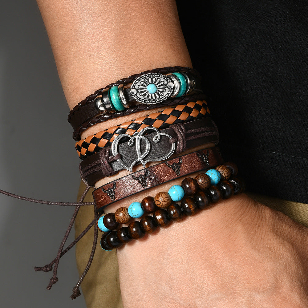 Wholesale vintage leather woven handmade beaded wood beads turquoise  bracelet