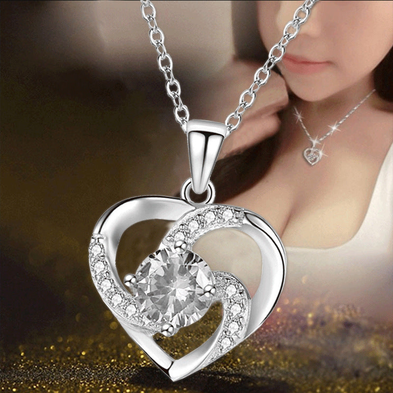 Wholesale  Collarbone Chain Love Heart-shaped Pendant Plated 925 Silver Diamond Necklace
