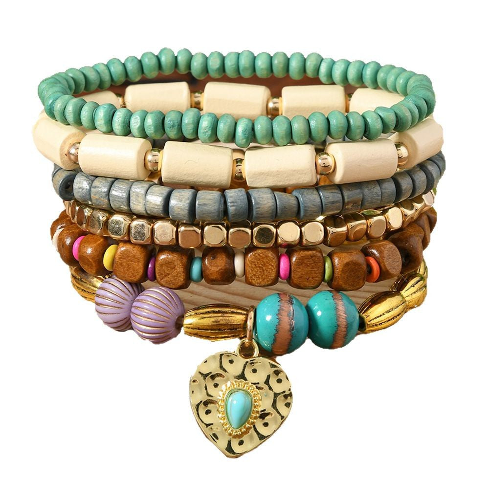 Wholesale 6-piece set wooden beaded leather men's and women's bracelet