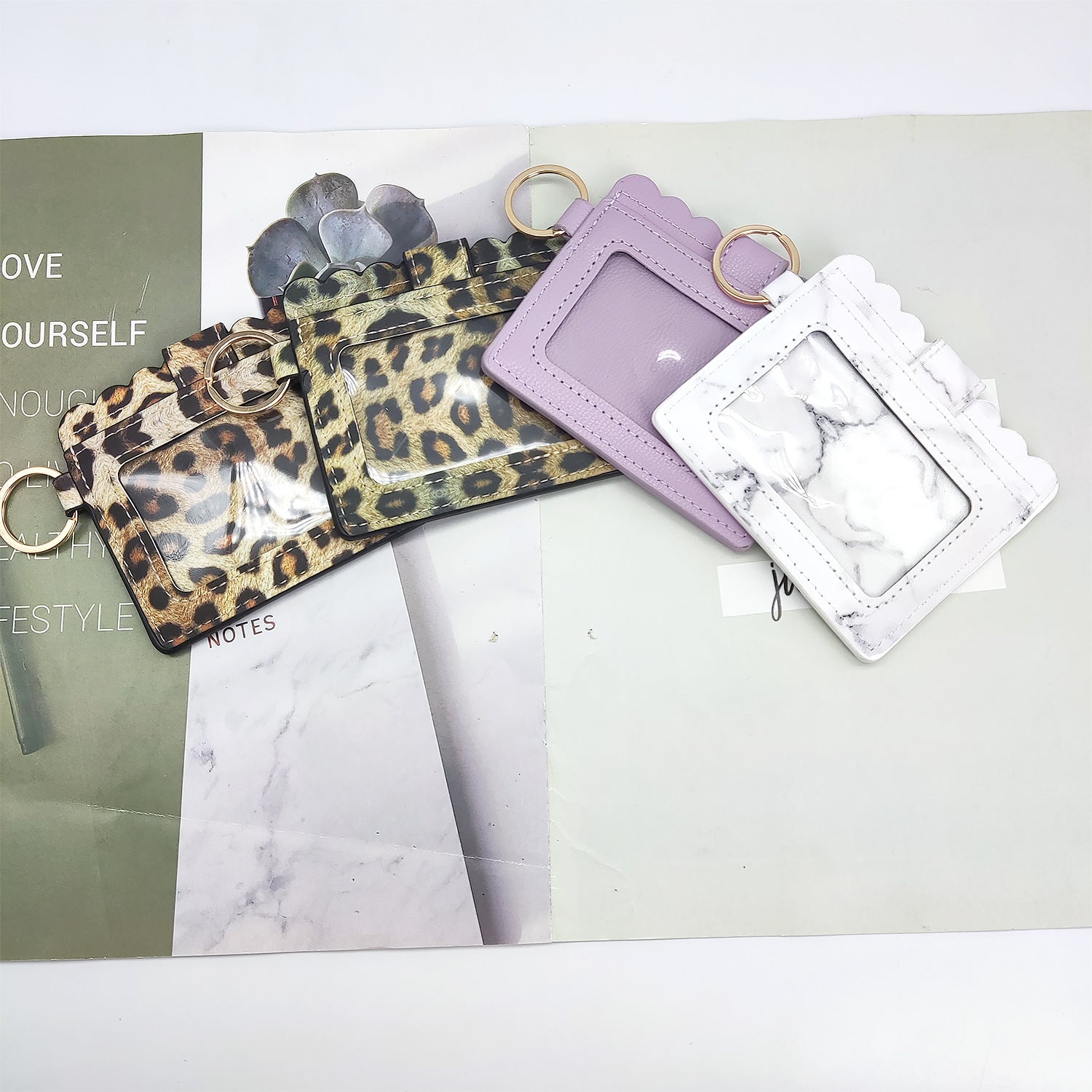 Wholesale PU Leopard Print Solid Color Card Holder Keychain