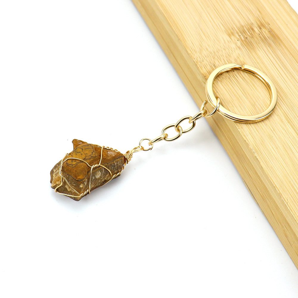 Wholesale Gold Wire Wound Natural Crystal Rough Stone Keychain ACC-KC-HanX006