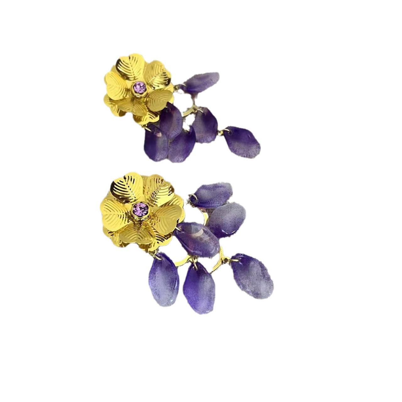 Wholesale Golden Flower Purple Pendant Long Earrings