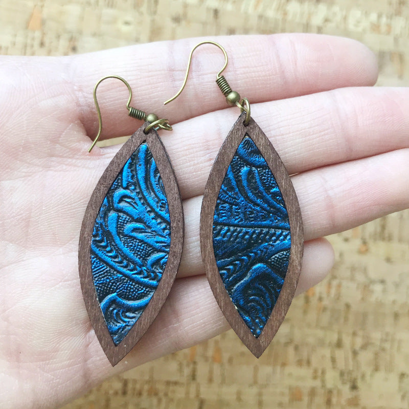 Wholesale 3PCS set of wooden-framed,  leather,  vintage embossed earrings