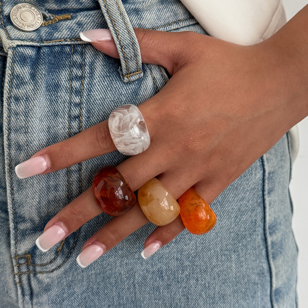 Wholesale Stylish Resin Stackable Ring Amber Gradient Ice Effect Curved Wide Band For Women