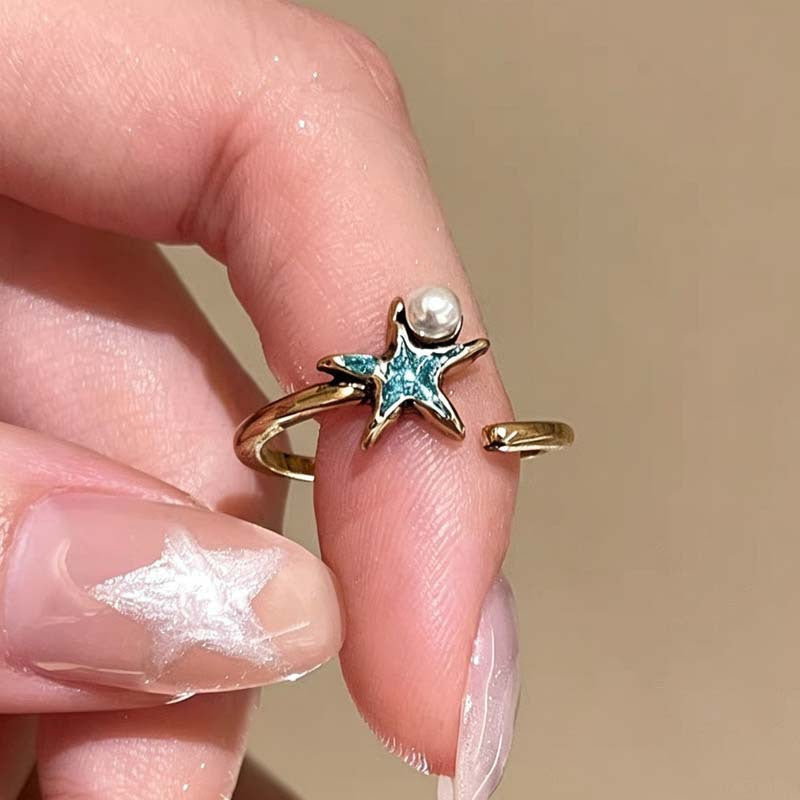 Wholesale Ocean Party Retro Starfish Shell Pearl Enamel Women S Adjustable Stacking Ring Jewelry Accessory