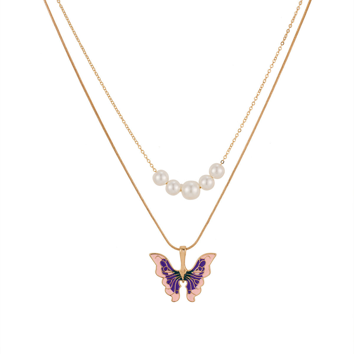 Wholesale butterfly necklace pearl double chain Necklace